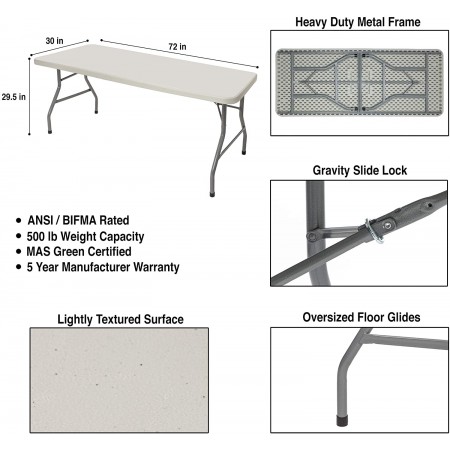 Mighty Rock 6 Foot Heavy Duty Folding Table, 30" x 72", Light Grey